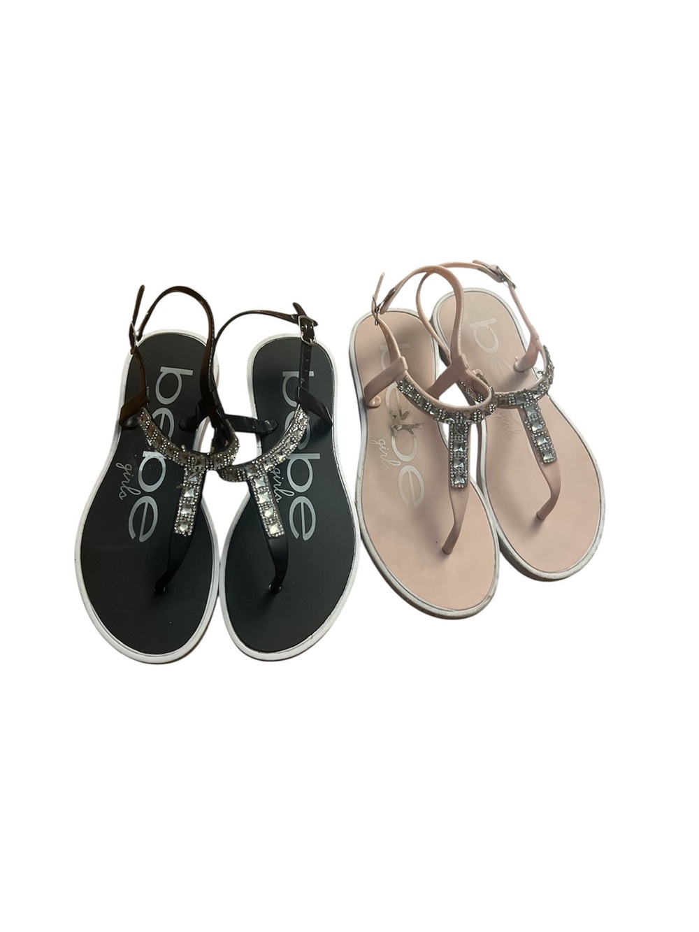 bebe Jeweled T-Strap Sandals in Black and Blush